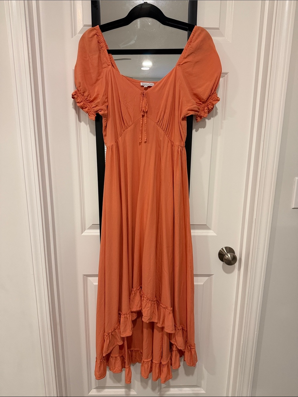 Patrons of Peace Orange / Coral Puff-Sleeve Midi Dress with High-Low Ruffle Hem
